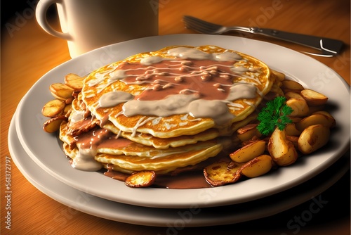  a plate of pancakes with sauce and potatoes on a table with a cup of coffee and a fork and knife on the side of the plate is a fork and a mug and a spoon.