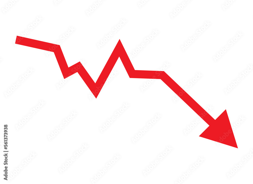 Red arrow going down stock icon on white background. Decrease, Bankruptcy, financial market crash icon for your web site design, logo, app, UI. graph chart downtrend symbol.chart going down sign. Red arrow going down stock icon on white background. Decrease, Bankruptcy, financial market crash icon for your web site design, logo, app, UI. graph chart downtrend symbol.chart going down sign.