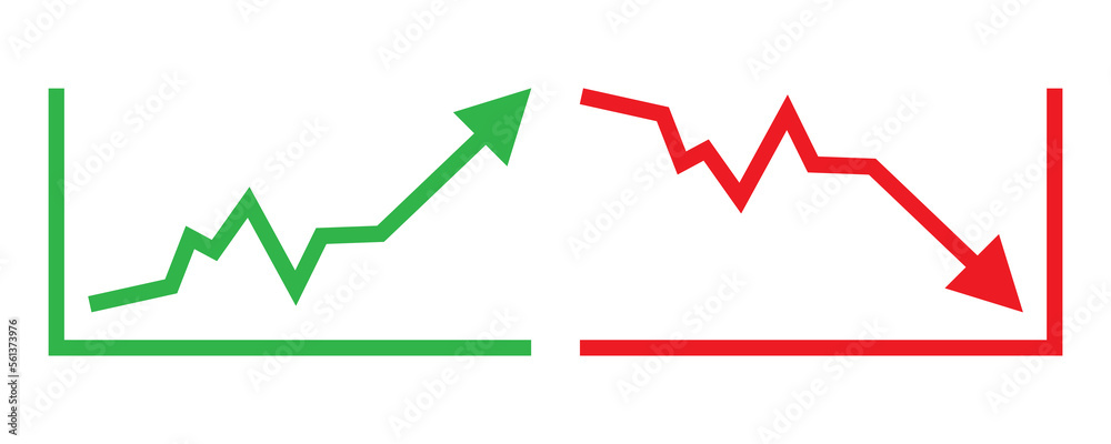 Graph going Up and Down sign with green and red arrows vector. Flat design vector illustration concept of sales bar chart symbol icon with arrow moving down and sales bar chart with arrow moving up. Graph going Up and Down sign with green and red arrows vector. Flat design vector illustration concept of sales bar chart symbol icon with arrow moving down and sales bar chart with arrow moving up.