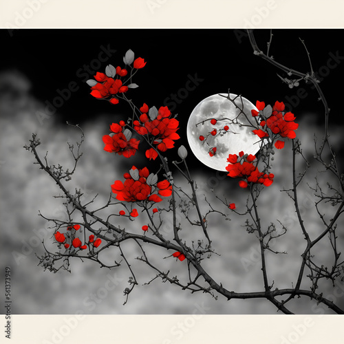 Wallpaper Mural tree red flower moon and fog Torontodigital.ca