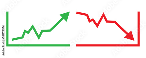 Graph going Up and Down sign with green and red arrows vector. Flat design vector illustration concept of sales bar chart symbol icon with arrow moving down and sales bar chart with arrow moving up.	