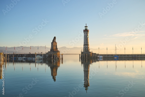 Beautiful sunset in lindau harbor, Germany.