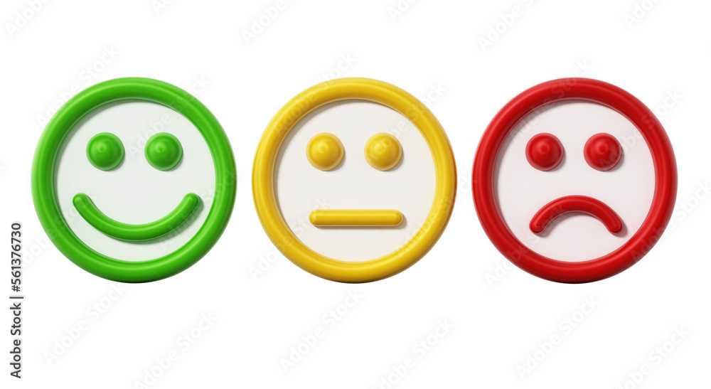 Green, yellow and red faces showing satisfaction levels on transparent background. Green, yellow and red faces showing satisfaction levels on transparent background.