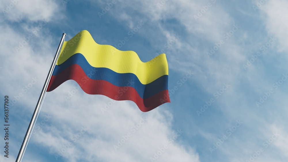 3d illustration of Colombian flag waving in the wind with sunny day background with clouds for patriotic days use. 3d illustration of Colombian flag waving in the wind with sunny day background with clouds for patriotic days use.