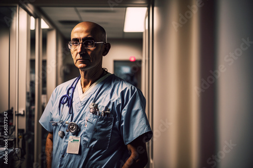 Close up portrait of a serious looking senior doctor before surgery in the clinic on the bokeh backgound. AI generative
