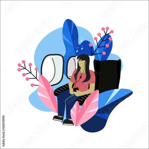 Girl flying in an airplane listening to music