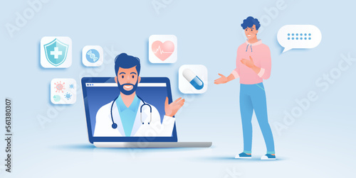 Telemedicine concept vector illustration. Patient video calling to see doctor using online technology through laptop computer.