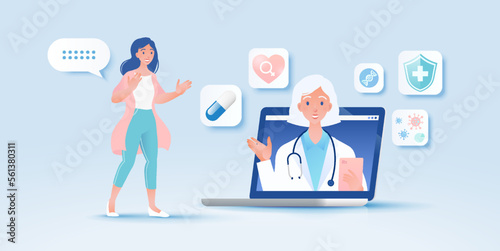Telemedicine concept vector illustration. Patient video calling to see doctor using online technology through laptop computer.