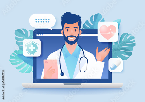 Telemedicine concept vector illustration. Patient video calling to see doctor using online technology through laptop computer.