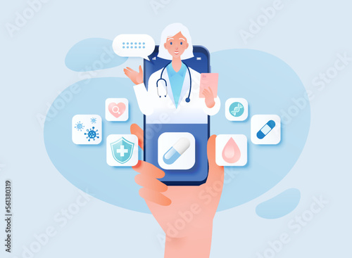 Telemedicine concept vector illustration. Patient video calling to see doctor using online technology through smartphone.