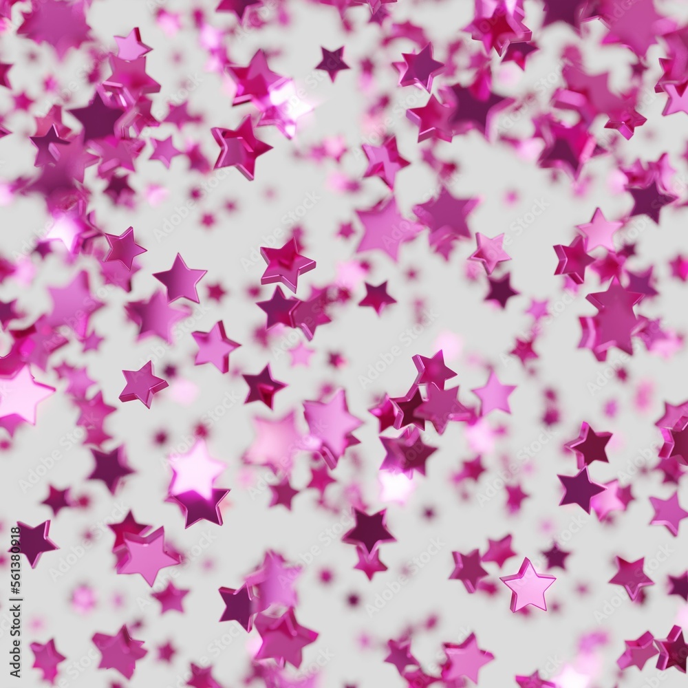 Shiny pink star confetti glitter partly blurred on white background (3D Rendering)