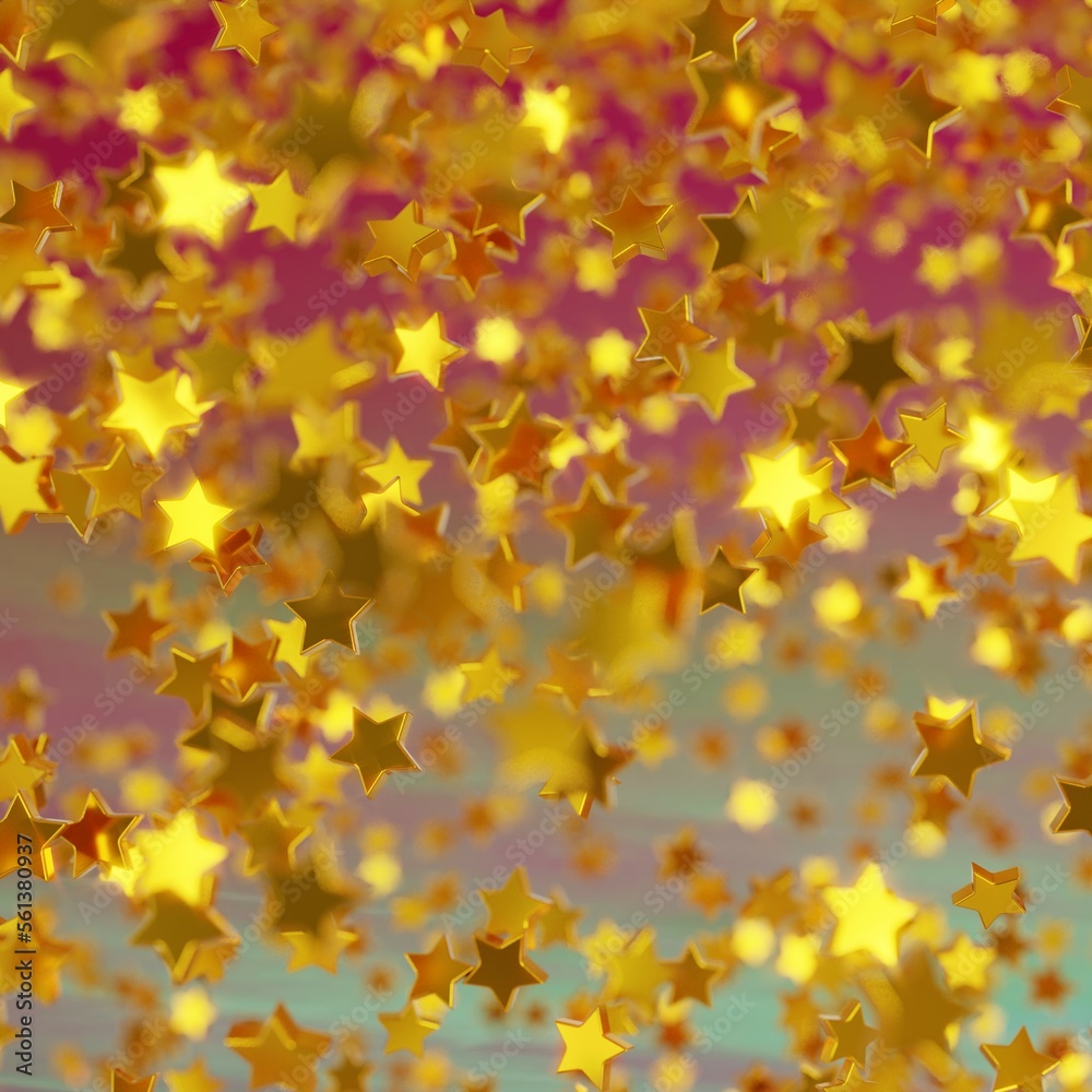 Shiny golden star confetti glitter partly blurred on twilight dark sky background (3D Rendering)