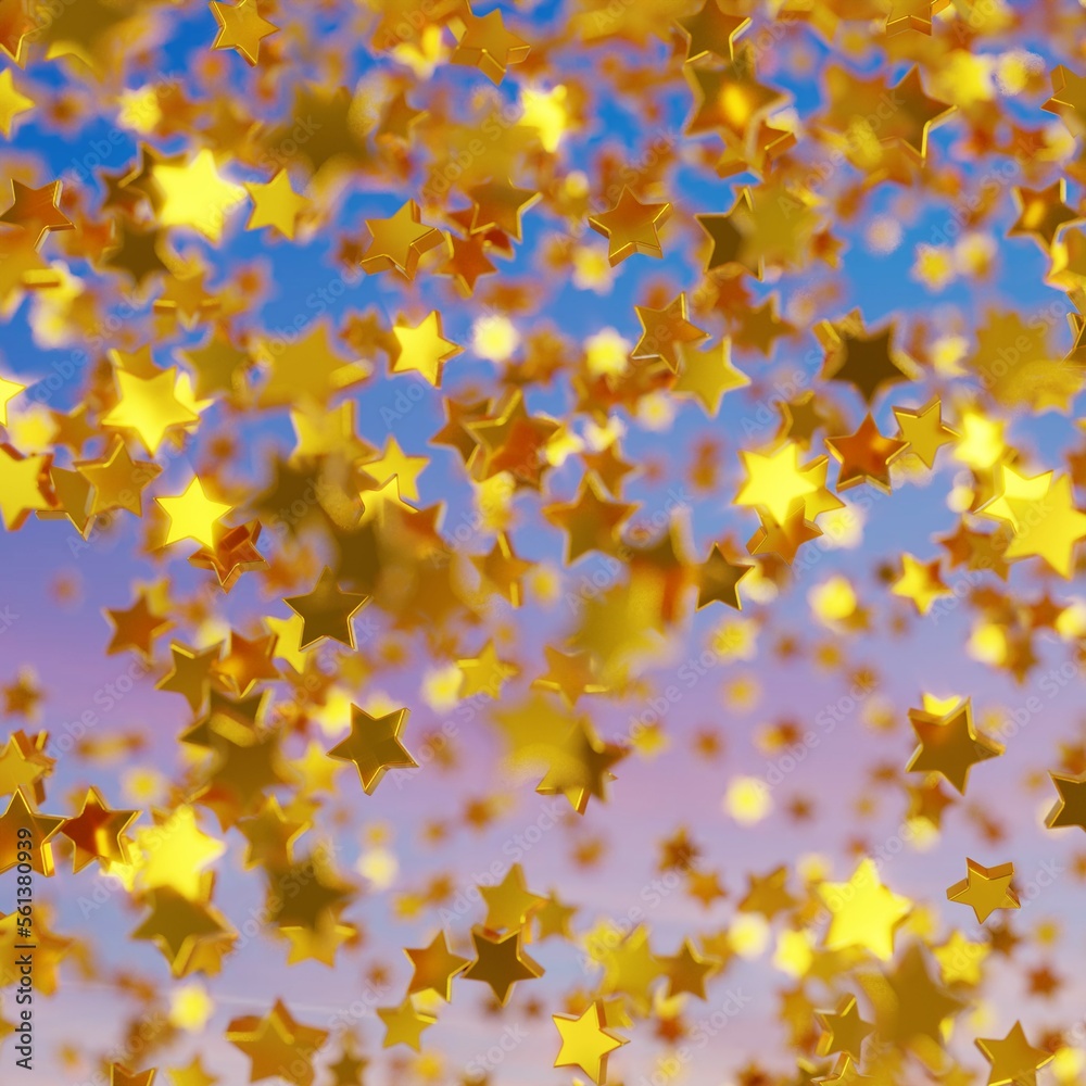 Shiny golden star confetti glitter partly blurred on twilight sky background (3D Rendering) Shiny golden star confetti glitter partly blurred on twilight sky background (3D Rendering)