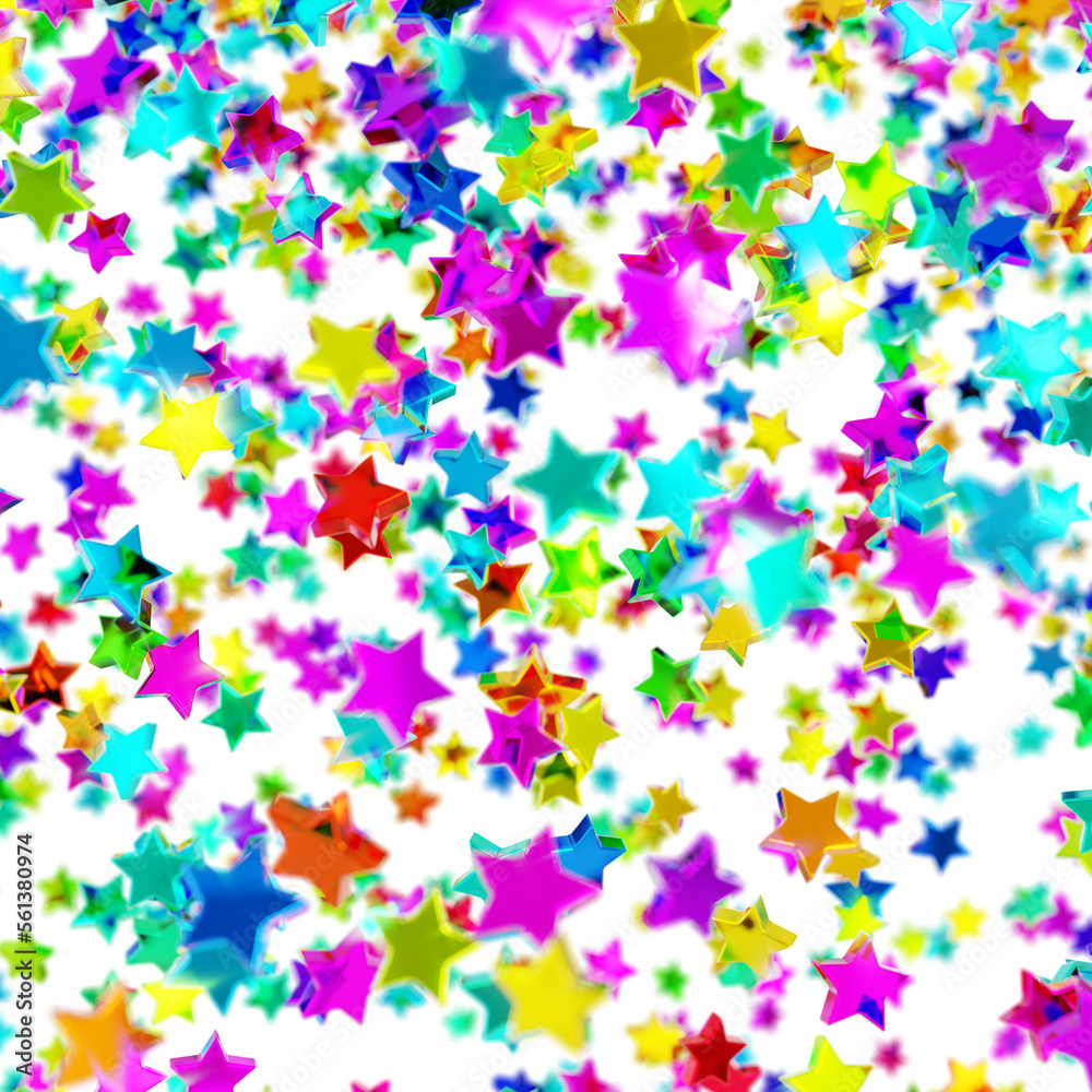 Shiny colorful star confetti glitter partly blurred on transparent background (PNG 3D Rendering)