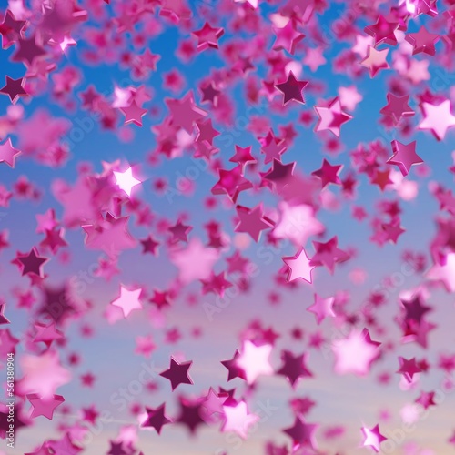 Shiny pink star confetti glitter partly blurred on blue sky background (3D Rendering)