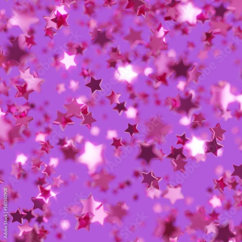 Shiny pink star confetti glitter partly blurred on purple background (3D Rendering)