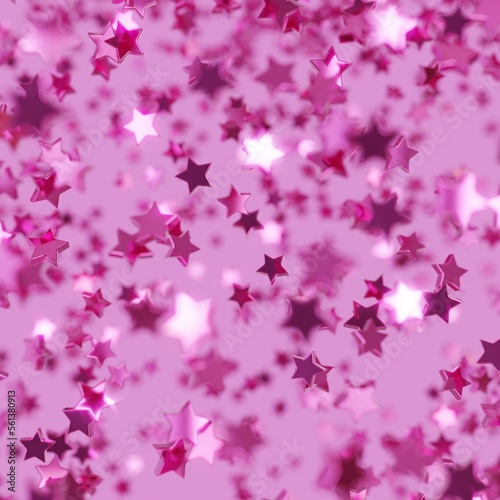 Shiny pink star confetti glitter partly blurred on pink background (3D Rendering)