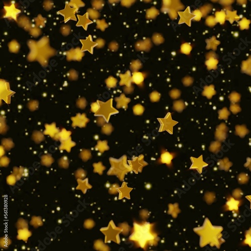 Shiny golden star confetti glitter partly blurred on night sky background (3D Rendering)