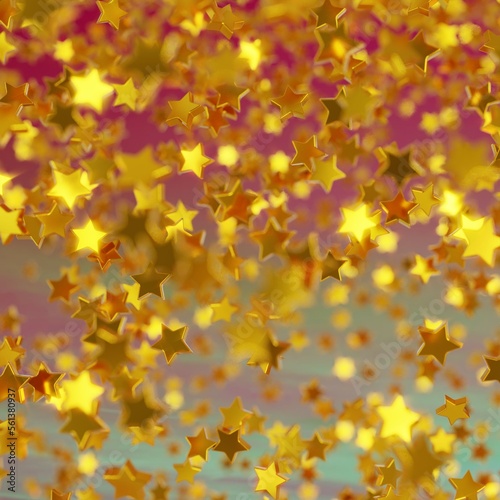 Shiny golden star confetti glitter partly blurred on twilight dark sky background (3D Rendering)