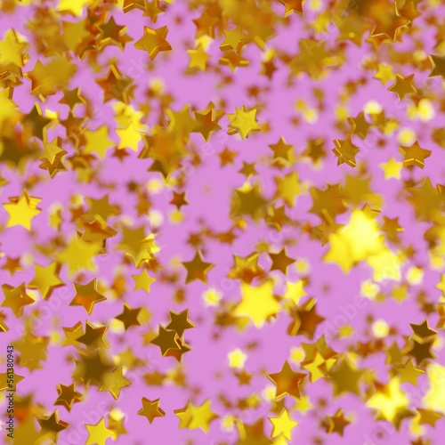 Shiny golden star confetti glitter partly blurred on pink background (3D Rendering)