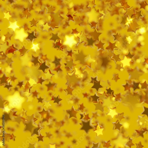 Shiny golden star confetti glitter partly blurred on gonden background (3D Rendering)