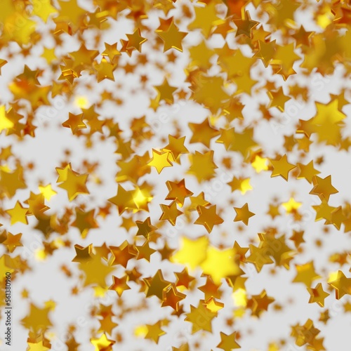 Shiny golden star confetti glitter partly blurred on white background (3D Rendering)