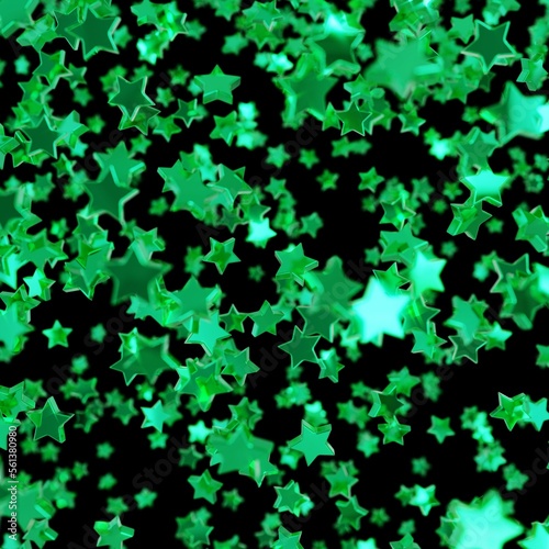 Shiny green star confetti glitter partly blurred on black background (3D Rendering)