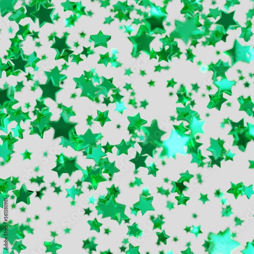 Shiny green star confetti glitter partly blurred on white background (3D Rendering)