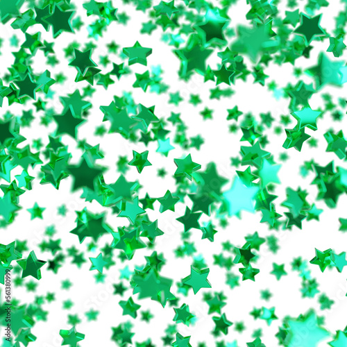 Shiny green star confetti glitter partly blurred on transparent background (PNG 3D Rendering)