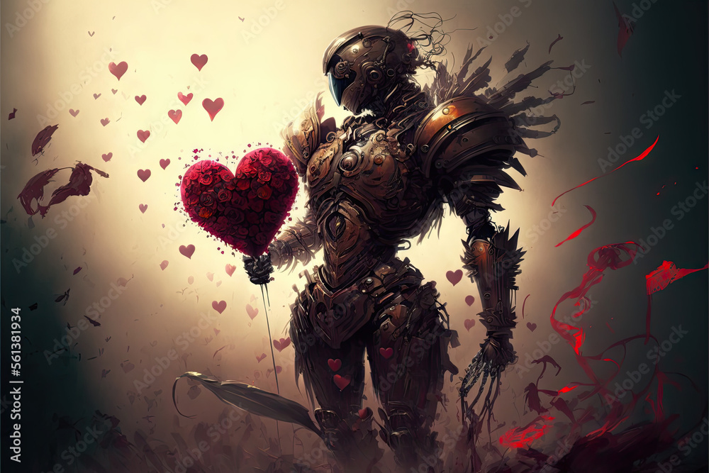 robotic love valentine's day illustration of an alone cyborg