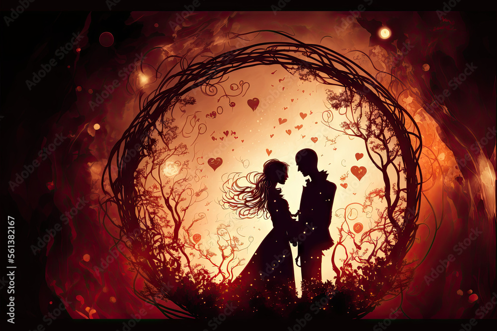 silhouette of a couple valentine's day illustration of love in a tree circle