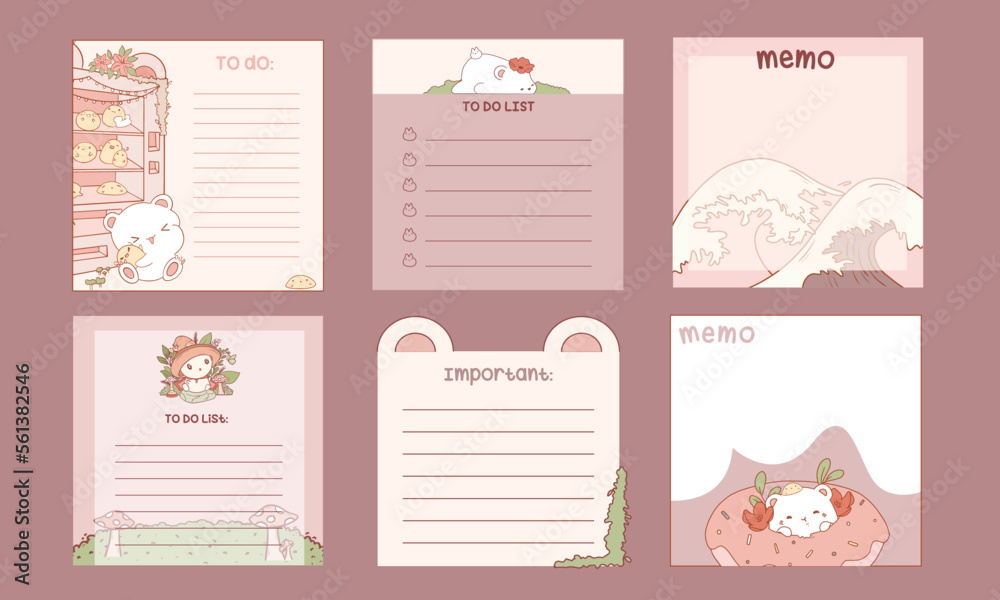 Set of Cute memo template. Cute note template with stripes and cute bear for printing or bullet journal. Bullet journal sticky notes. 