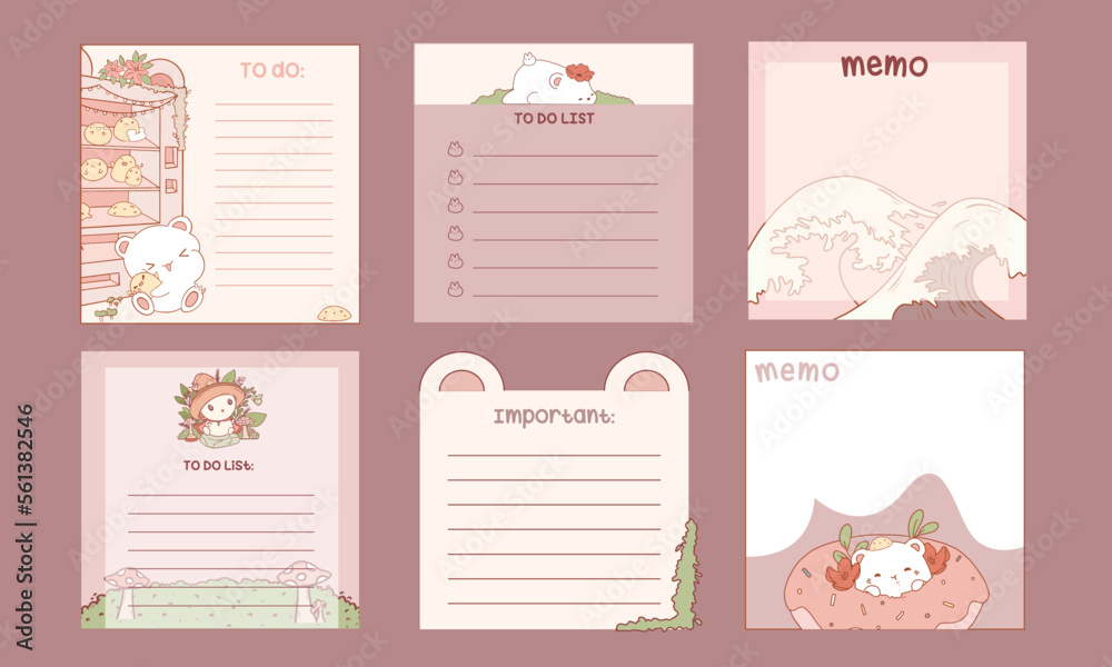 Set of Cute memo template. Cute note template with stripes and cute bear for printing or bullet journal. Bullet journal sticky notes. Set of Cute memo template. Cute note template with stripes and cute bear for printing or bullet journal. Bullet journal sticky notes.