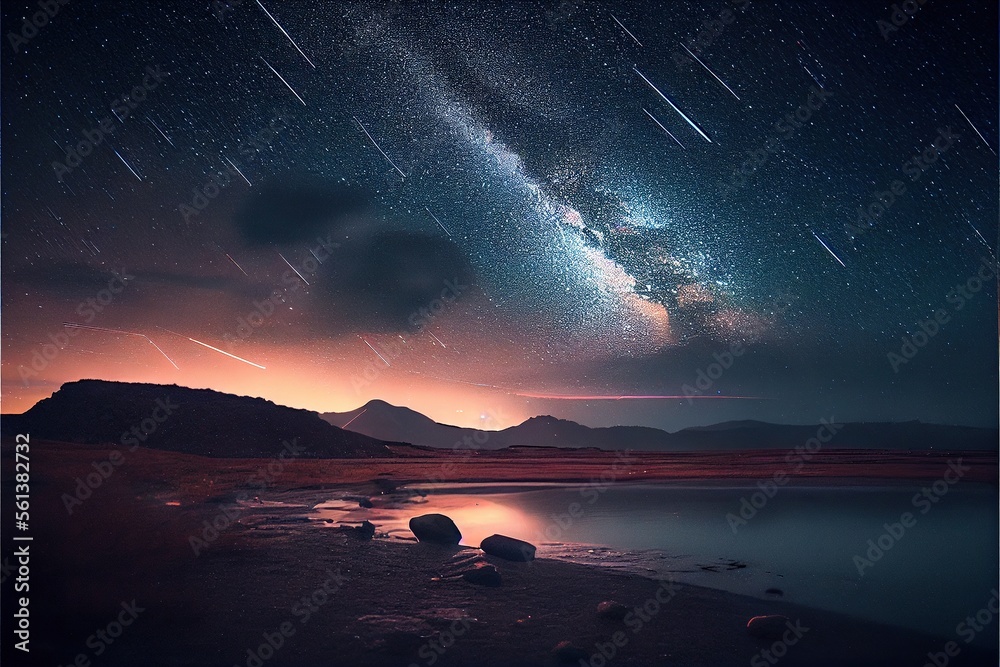 Large meteor shower on a misty evening with streaks across the sky, perfect for astrophotography, landscape, and nature-related concepts. Generative AI.