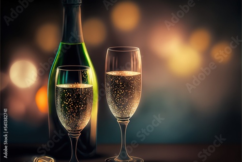 Champagne bottle and glasses, new years eve celebration for couple, bokeh background. Generative AI.