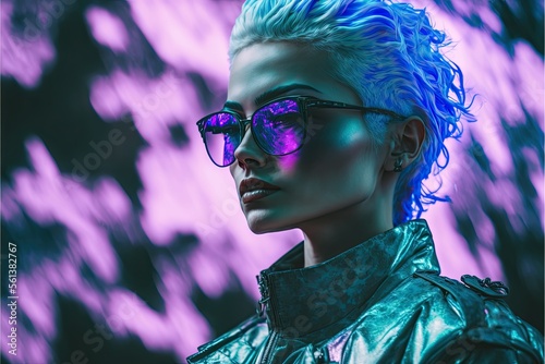 Beautiful necropunk inspired Vaporwave fashion model, featuring a unique and edgy style, perfect for fashion, cyberpunk, and retro-futuristic concepts. Generative AI. Fictional character. photo