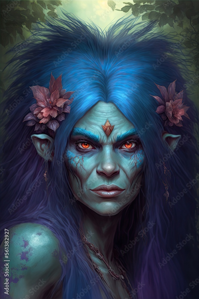 Female troll woman, kind expression, long purple hair and light blue skin, in harmony with nature, set against a jungle background. Generative AI.