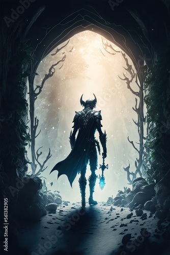 Elven warrior knight in a magical forest kingdom, perfect for fantasy and medieval-related concepts. Generative AI.