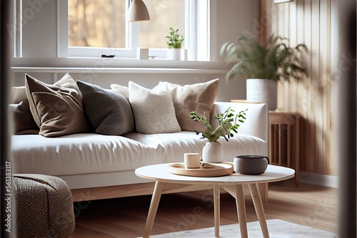 Scandinavian interior design, minimalism, japandi style, living room interior. Generative AI.