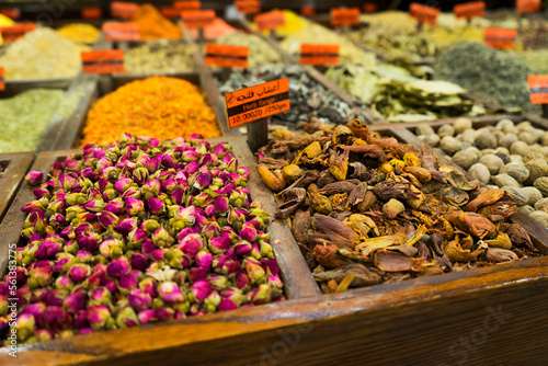 Dried flowers on display for sale at a Spice Market in Amman, Jordan photo