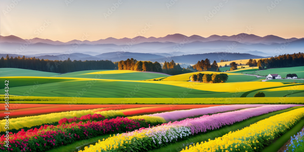Obraz premium farm in farmland with a field of flowers and mountains in the background, with rolling hills and immaculate rows of crops