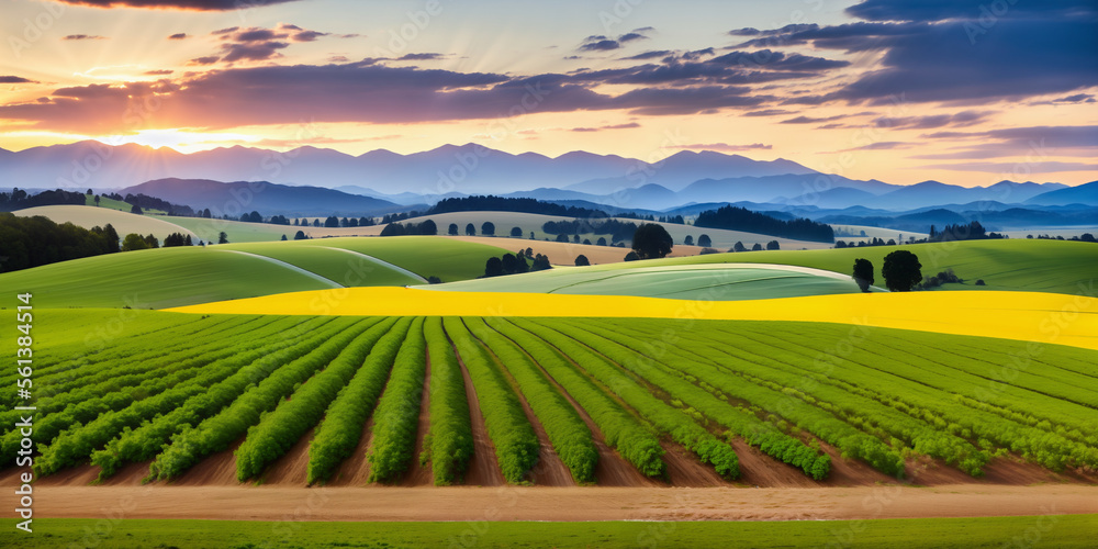 farm in farmland with a field of flowers and mountains in the background, with rolling hills and immaculate rows of crops