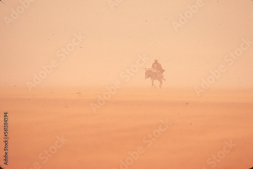 Aman rides a donkey through the desert, Sudan