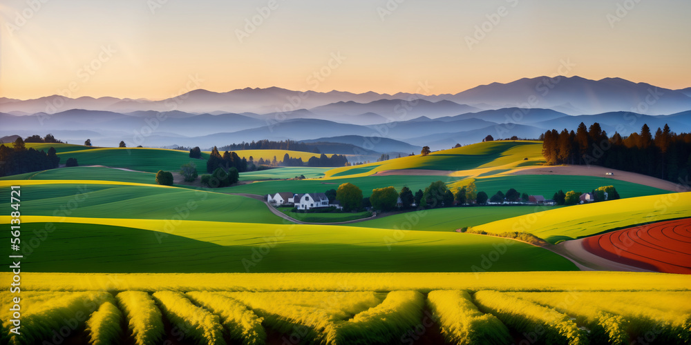 Obraz premium farm in farmland with a field of flowers and mountains in the background, with rolling hills and immaculate rows of crops