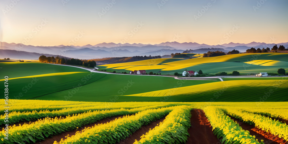 Obraz premium farm in farmland with a field of flowers and mountains in the background, with rolling hills and immaculate rows of crops