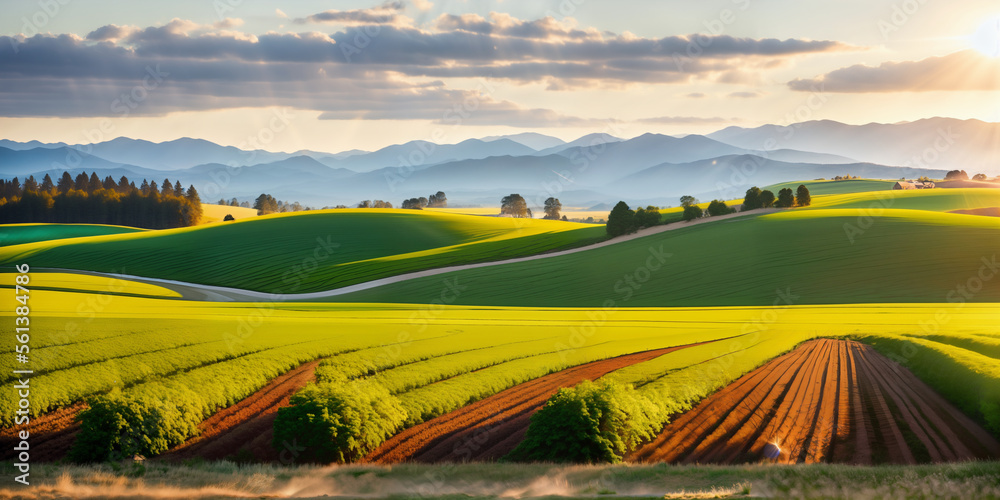 Obraz premium farm in farmland with a field of flowers and mountains in the background, with rolling hills and immaculate rows of crops