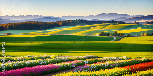 farm in farmland with a field of flowers and mountains in the background, with rolling hills and immaculate rows of crops