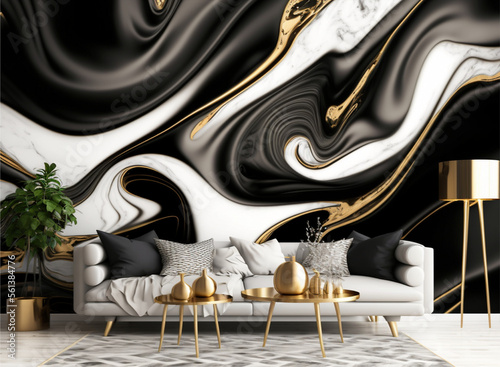 luxury interior swirling black and white marble stone gold room wall futuristic. generative ai