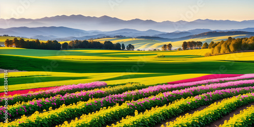 farm in farmland with a field of flowers and mountains in the background  with rolling hills and immaculate rows of crops
