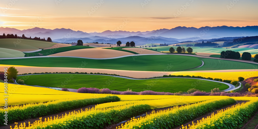 Obraz premium farm in farmland with a field of flowers and mountains in the background, with rolling hills and immaculate rows of crops